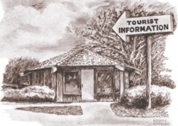 For many years this tourist information booth was located on Dodge Street at the foot of the Julien Dubuque Bridge.  It was torn down with the expansion of Dodge Street in the early 1990s. Illustration by Norman Zepeski.