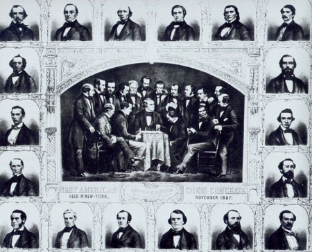 Members of the First American Chess Congress. Paulsen is the second person shown in the left column.